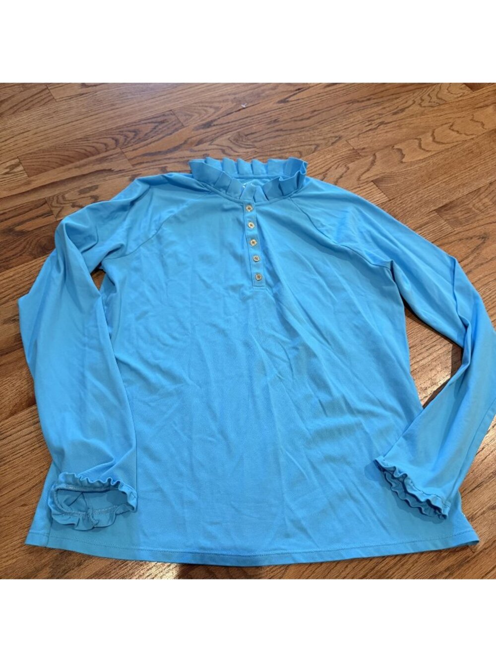 Lilly Pulitzer Womens Blue Long Sleeve Ruffle Neck 3 button Golf Tennis Shirt XL